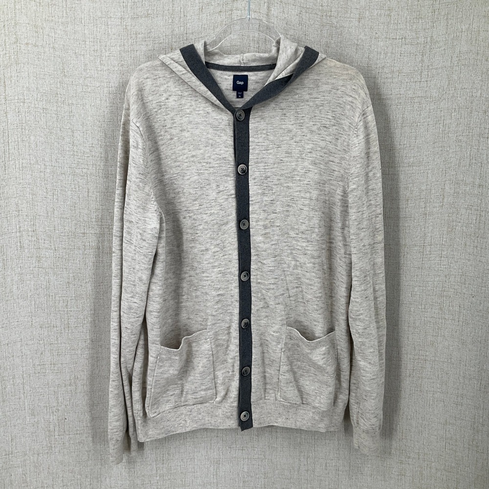 Gap Cardigan Hoodie Mens XL Oatmeal Heather Grey Cotton Button Front Preppy
